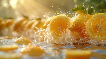 Sticker - Fresh Lemons Splashing Into Water on Sunny Day