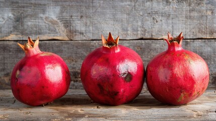 Leinwandbilder - Three ripe pomegranates with visible seeds sit on a rustic wooden surface.