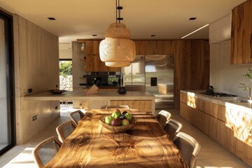 Wall Mural - Interior of a modern kitchen with wooden walls, a panoramic window and a dining table with chairs.