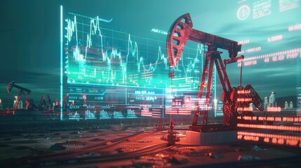 Aufkleber - An oil pump in a field is shown in the foreground, with digital financial charts overlayed on the scene. The charts are in green and blue, and they show a fluctuating pattern.