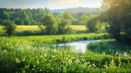 Wall Mural - Rural riverbank pasture with selective focus and copy area