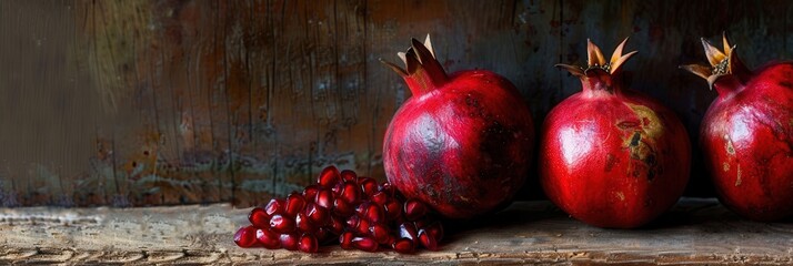 Leinwandbilder - Three red ripe pomegranates with seeds are on a rustic wooden surface.