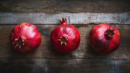 Leinwandbilder - Three ripe pomegranates, arranged in a row, lay on a rustic wood background. Their ruby red skin and exposed seeds are visible.