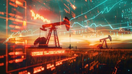 Aufkleber - Silhouettes of oil pumps are juxtaposed with financial charts and data, creating a visual representation of the relationship between oil production and market fluctuations.