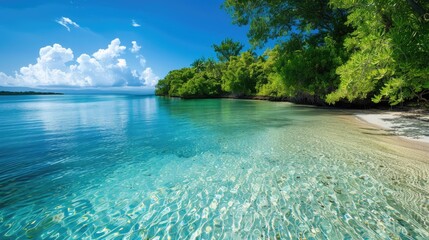 Crystal clear blue water river with sandy shores and green foliage, under a pristine blue sky