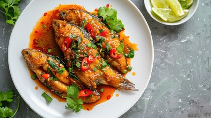 Wall Mural - Thai spicy stir-fried catfish with curry paste, captured from above on a white plate, showcasing the vibrant sauce and fresh ingredients