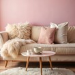 © BrilliantPixels - Cozy Living Room with Pink Wall, Beige Sofa, Fur Pillows, and Coffee Table, living room, sofa, interior design