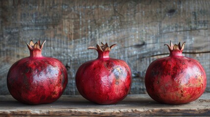 Leinwandbilder - Three ripe pomegranates with visible seeds sit on a rustic wooden surface.