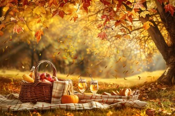 Aufkleber - Under a tree with golden leaves, a checkered blanket holds a picnic basket filled with apples, corn, drinks, and two glasses, with falling leaves completing the picturesque scene