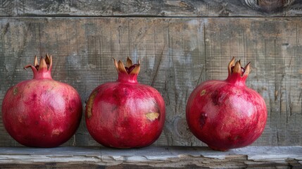 Leinwandbilder - Three ripe pomegranates with visible seeds rest on a rustic wooden plank.