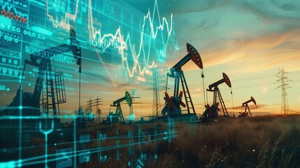Aufkleber - Multiple oil pumps in a field, silhouetted against a sunset sky with an overlay of digital screen showing financial charts, representing the rising cost of gasoline.