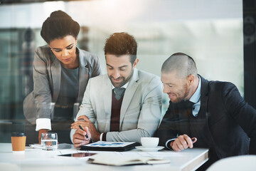 Aufkleber - Meeting, graphs and business people with documents in office for teamwork, monthly report or company growth. Consulting agency, diversity and employees for information, planning or budget review