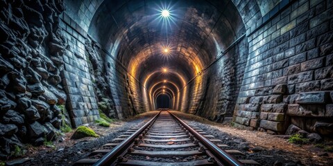 Tunnel of Light, Stone Walls, Railroad Tracks, Perspective, Tunnel, Light, Railroad