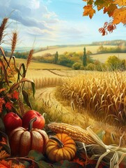 Aufkleber - A bountiful harvest of corn, pumpkins, and apples sits in a field, with rolling hills and fall foliage in the background.