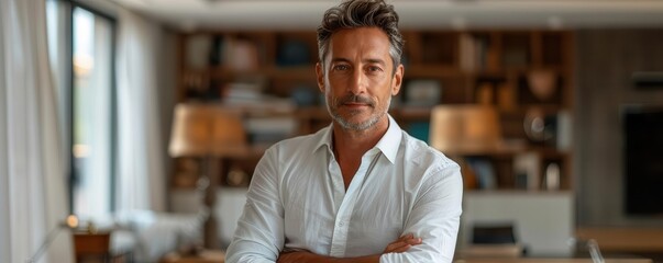 A businessman displaying assurance, standing tall with arms crossed in a sleek office with a blank background, closeup shot