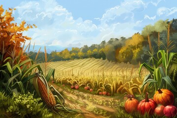 Poster - A bountiful autumn harvest with corn, pumpkins, and apples scattered across a field.