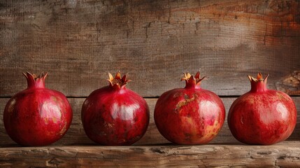 Leinwandbilder - Four red pomegranates sit on a rustic wooden plank against a wooden background.