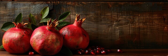 Leinwandbilder - Three whole pomegranates, with visible seeds, rest on a rustic wooden surface. Green leaves surround the pomegranates, adding to the autumnal feel.