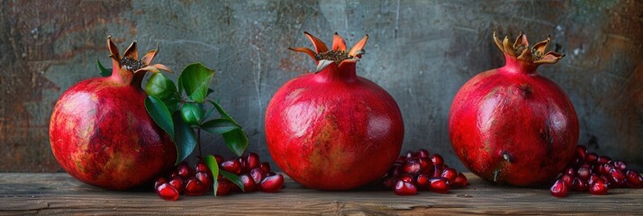Leinwandbilder - Three ripe pomegranates with seeds sit on a rustic wooden surface.