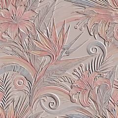 Wall Mural - 3d emboss blossom exotic lilies floral seamless pattern. Vector ornamental  textured surface pink background with embossed vintage lily flowers, leaves, ornaments. Relief grunge endless 3d texture.