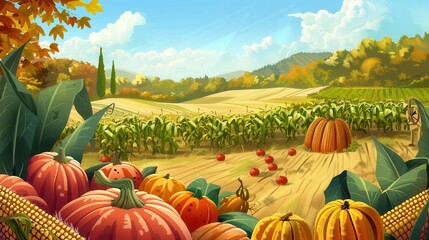Poster - A field of corn stalks in the background, with a bountiful harvest of pumpkins and apples in the foreground.