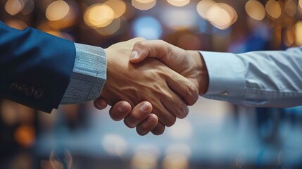 Business Partnership Handshake: Two businessmen shake hands in a powerful and symbolic gesture of agreement and collaboration, signifying trust