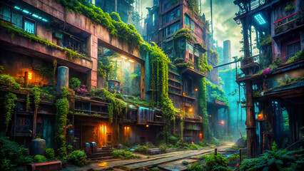 Naklejka na meble Abandoned, neon-lit, cyberpunk cityscape with crumbling concrete walls, overgrown with vines, surrounded by holographic advertisements and rusting machinery.