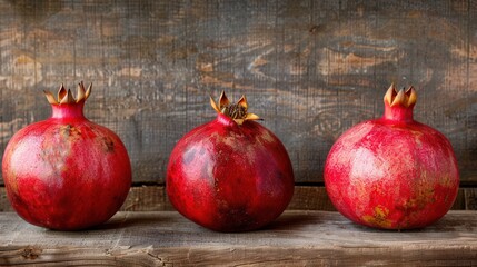 Leinwandbilder - Three ripe pomegranates, with some seeds visible, are arranged in a row on a rustic wooden surface.