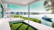 © cd - porch and lake view from behind an all white modern home with green grass, dock and boat in the foreground created with Generative AI