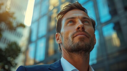 Canvas Print - Urban Visionary: A confident businessman gazes upward, ambition reflected in his eyes, amidst the towering skyscrapers of the city. 