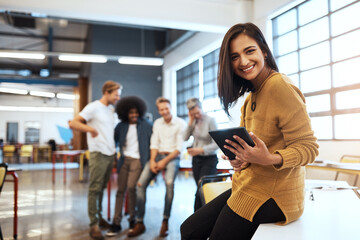 Poster - Tablet, portrait and happy woman in office for meeting, business and presentation for project. Designer, teamwork and technology in creative agency with smile for ideas, online and career in startup