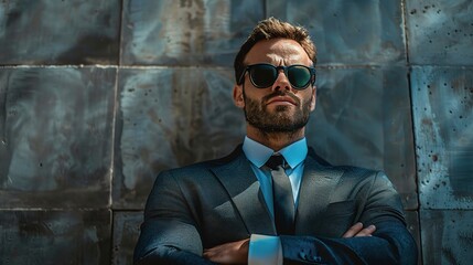 Sticker - Urban Power: A serious businessman in a sharp suit and sunglasses stands with arms crossed, exuding confidence and authority against a modern city backdrop. 