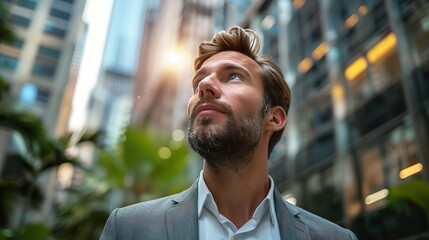 Poster - Ambition in the Urban Jungle: A determined young man gazes upwards, his eyes filled with aspirations, as the towering cityscape looms behind him. 