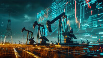 Aufkleber - Oil pumps operate in a field at dusk with a digital screen overlay showing financial charts depicting volatile price changes.