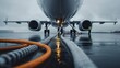 © Dulemegapixel - An aircraft positioned on a wet runway with refueling cables attached, under a cloudy sky, ready for takeoff. The scene is marked by preparation and anticipation.