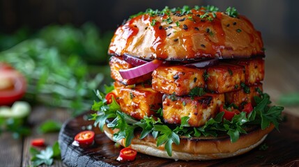 Grilled tofu burger with vegetables and sauce on a wooden board.