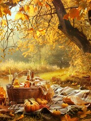 Aufkleber - A cozy picnic scene with a wicker basket filled with food and drinks, laid out on a checkered blanket amidst a backdrop of vibrant golden autumn foliage.
