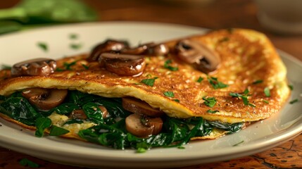 Canvas Print - Spinach and mushroom omelet on a white plate.