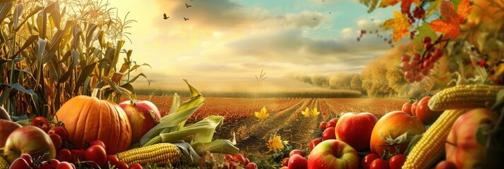 Aufkleber - A bountiful autumn harvest scene with pumpkins, corn, and apples in a rural field.