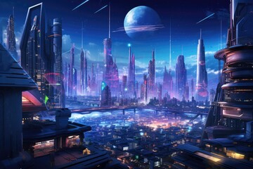Poster - futuristic cityscape with towering skyscrapers