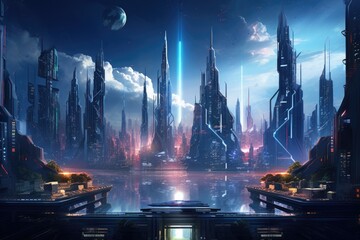 Poster - futuristic cityscape with towering skyscrapers