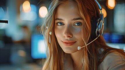 Wall Mural - An attractive young woman working in a call center, copy space