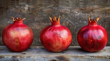 Aufkleber - Three red pomegranates with visible seeds sit in a row on a weathered wooden surface.
