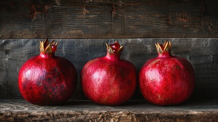 Poster - Three ripe pomegranates, with visible seeds, are arranged in a row on a rustic wooden background.
