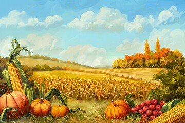 Poster - A bountiful harvest of corn, pumpkins, and apples sits in a field under a bright blue sky with white clouds.