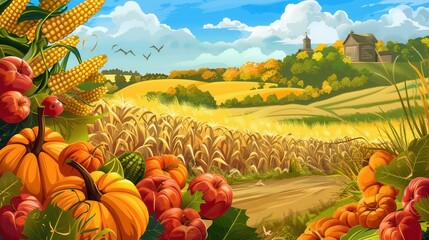Poster - A field of corn stalks with pumpkins and apples in the foreground, depicting a harvest scene in a rural landscape.