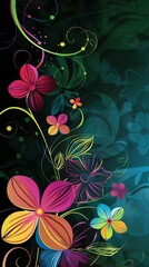 Wall Mural - a colorful flower with swirls and leaves on a black background