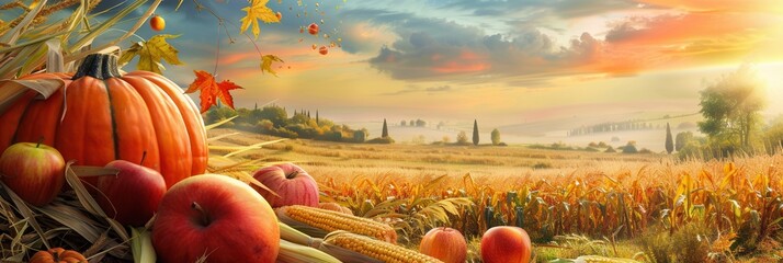 Poster - A picturesque scene of a golden autumn field, overflowing with harvested corn, pumpkins, and apples. The sun sets in the distance, casting a warm glow over the countryside.