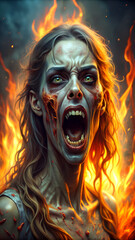 Close up of woman zombie screaming in red flaming scene, horror art