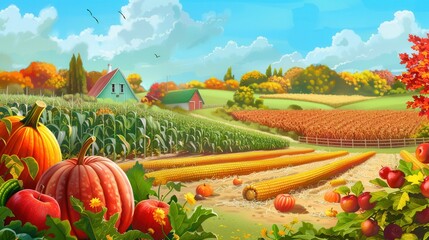 Poster - A picturesque autumn scene with a farmhouse, cornfields, and pumpkins, along with vibrant red apples.